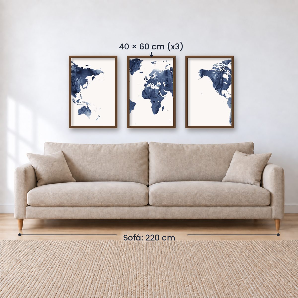 Set x3 Cuadros Decorativos Maps, Mapa del mundo azul