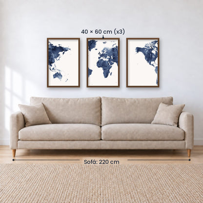 Set x3 Cuadros Decorativos Maps, Mapa del mundo azul
