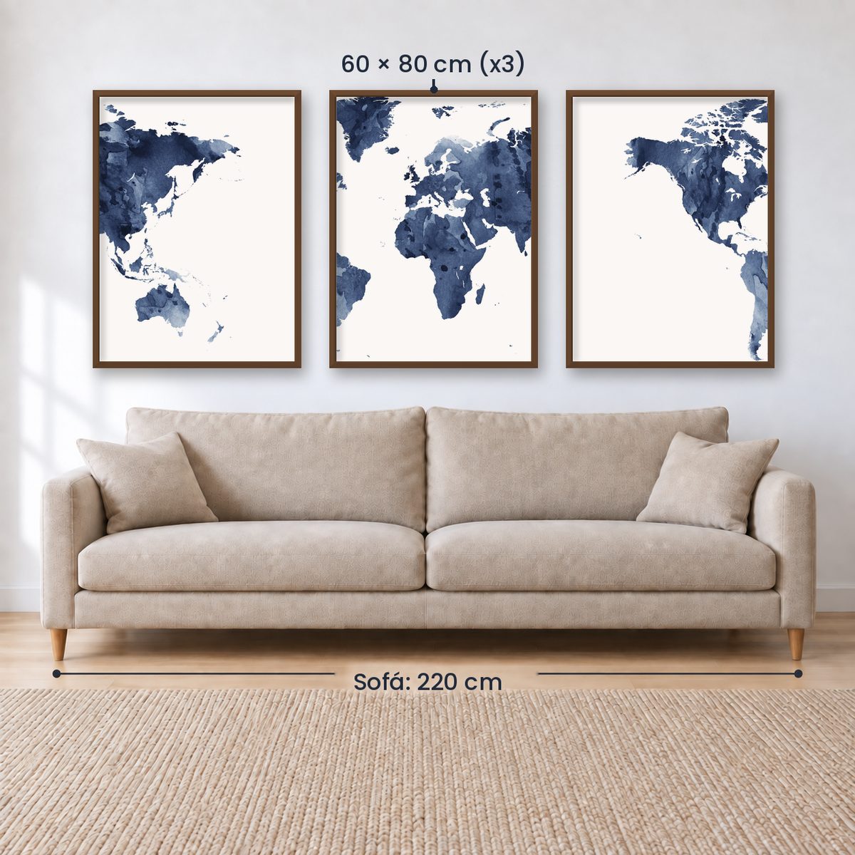 Set x3 Cuadros Decorativos Maps, Mapa del mundo azul