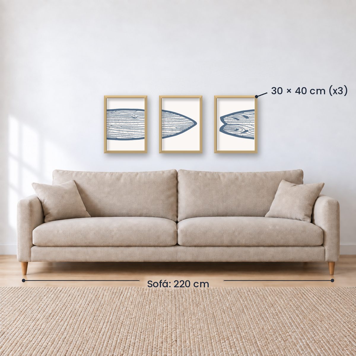 Set x3 Cuadros Decorativos Surf, Playa, Tabla, Olas y Arena XVI