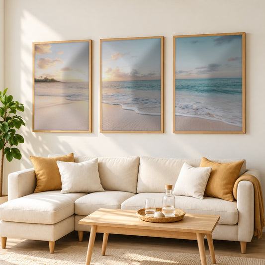 Set x3 Cuadros Decorativos, Una Playa, Atardecer