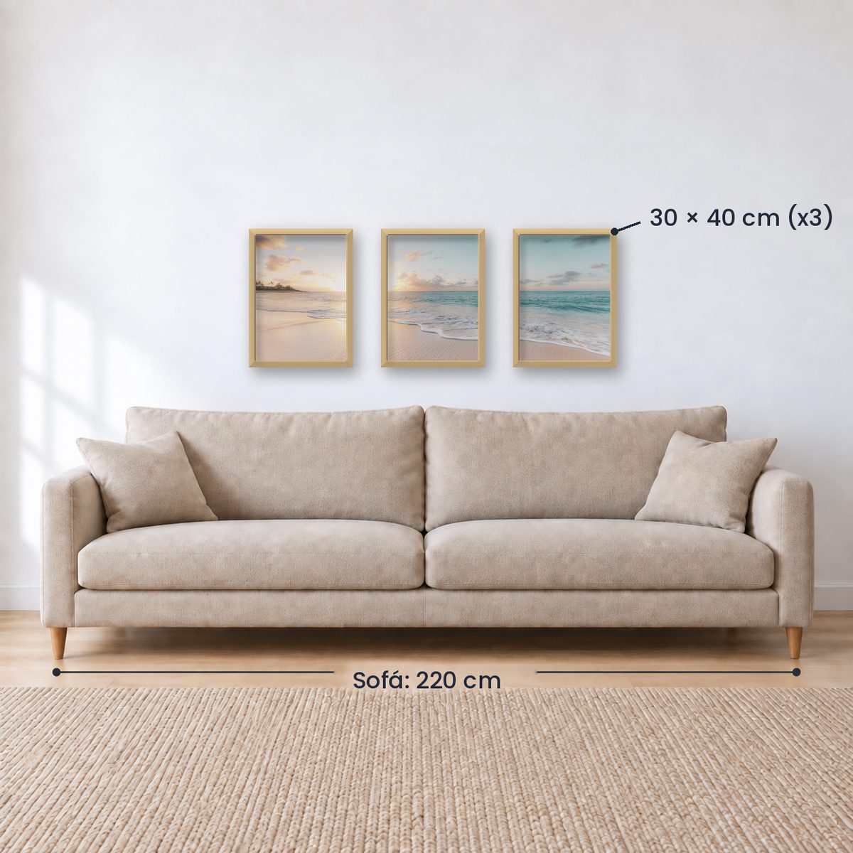 Set x3 Cuadros Decorativos, Una Playa, Atardecer