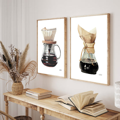 Set x2 Cuadros Decorativos Cafeteras V60 y Chemex en Acuarelas Beluulet