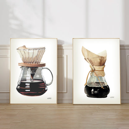 Set x2 Cuadros Decorativos Cafeteras V60 y Chemex en Acuarelas Beluulet