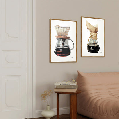 Set x2 Cuadros Decorativos Cafeteras V60 y Chemex en Acuarelas Beluulet