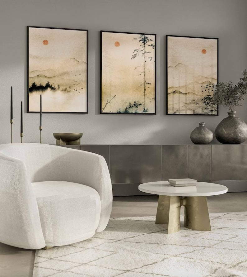 Set x3 Cuadros Abstractos, pintura, beige, Japón