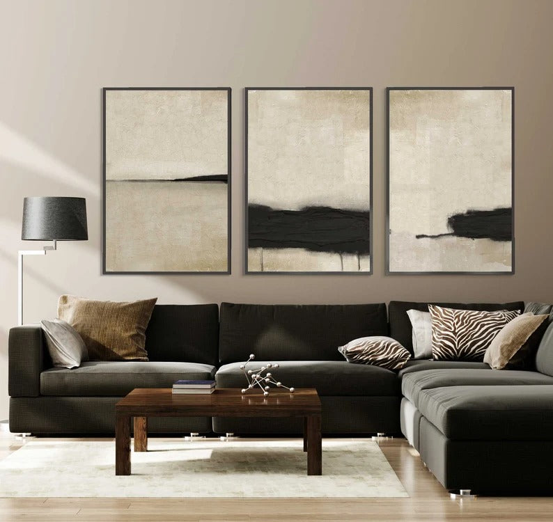 Set x3 Cuadros Abstractos, pintura, negro, beige - Tree House Deco