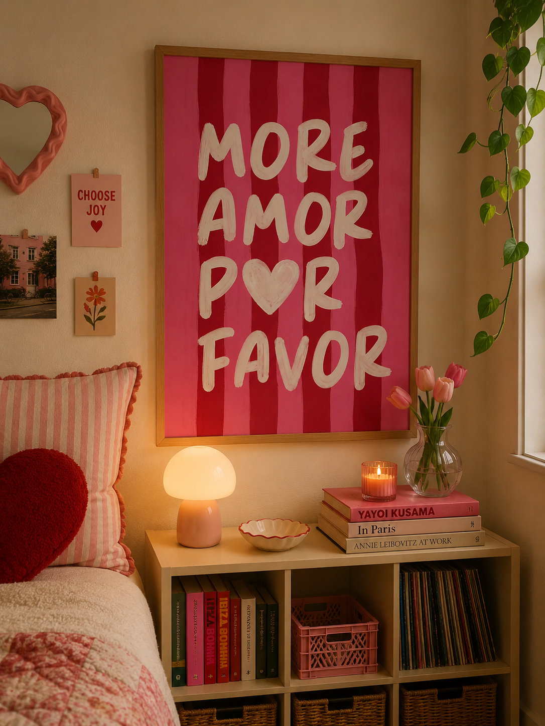Cuadro Decorativo Moderno Frases Mais Amor Por Favor, Rosa