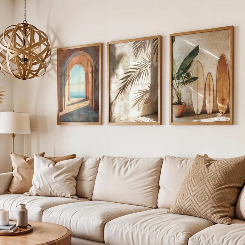Set x3 Cuadros Decorativos  Surf, Playa, Tabla, Olas y Arena XV Marco Natural
