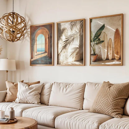 Set x3 Cuadros Decorativos  Surf, Playa, Tabla, Olas y Arena XV Marco Natural