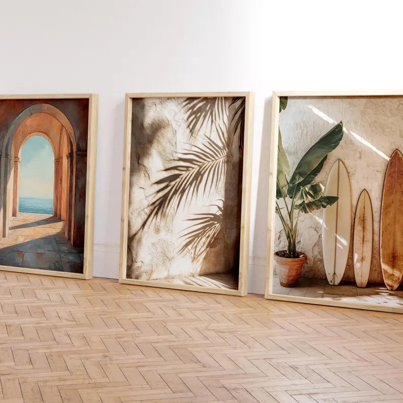 Set x3 Cuadros Decorativos  Surf, Playa, Tabla, Olas y Arena XV Marco Natural