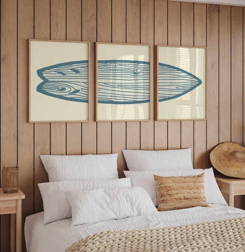 Set x3 Cuadros Decorativos  Surf, Playa, Tabla, Olas y Arena XVI Marco Natural