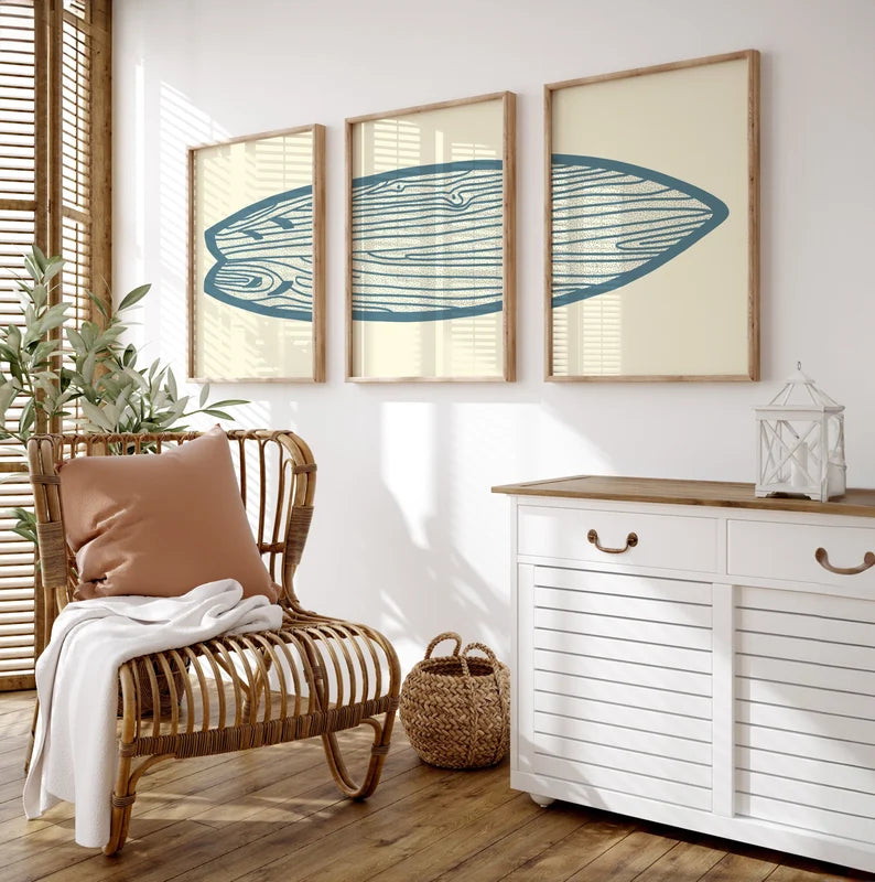 Set x3 Cuadros Decorativos  Surf, Playa, Tabla, Olas y Arena XVI Marco Natural