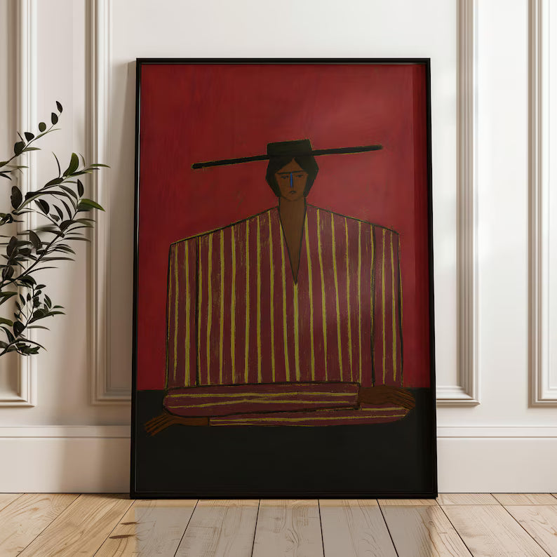 Cuadro Decorativo Figura con Poncho Bordó Arte Naif