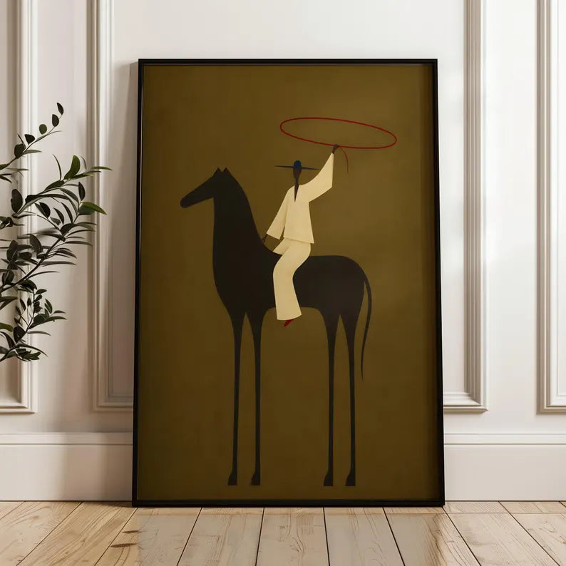 Cuadro Decorativo Figura Jinete Naif, Soga, Verde