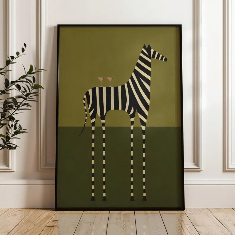 Cuadro Decorativo Figura Zebra Naif, Copas, Verde