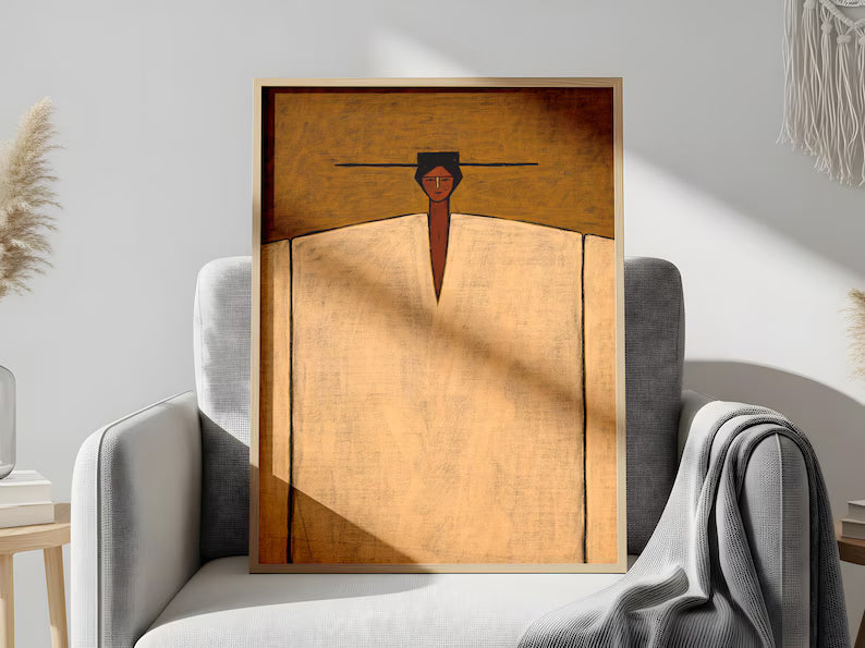 Cuadro Decorativo Figura con Poncho Beige, Tierra Arte Naif