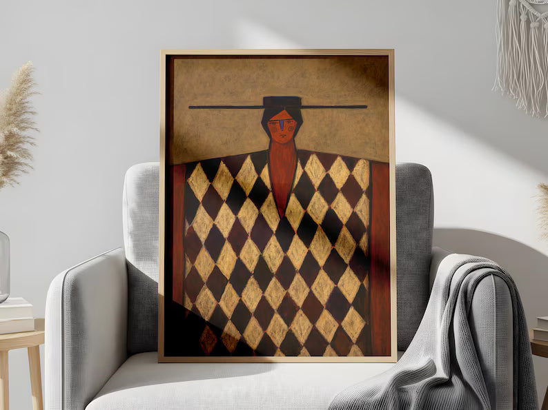 Cuadro Decorativo Figura con Poncho Bordó Rombos Arte Naif