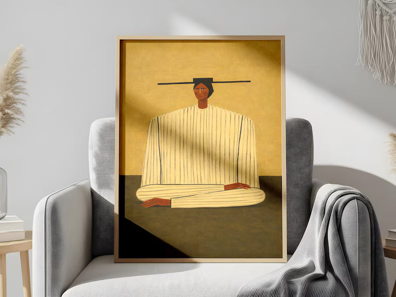 Cuadro Decorativo Figura con Poncho Beige, Verde Arte Naif