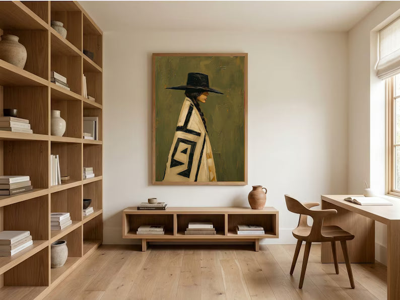 Cuadro Decorativo Figura con Poncho Verde Sombrero Arte Naif