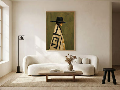Cuadro Decorativo Figura con Poncho Verde Sombrero Arte Naif