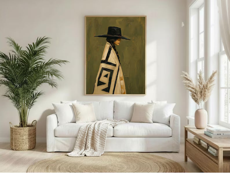 Cuadro Decorativo Figura con Poncho Verde Sombrero Arte Naif