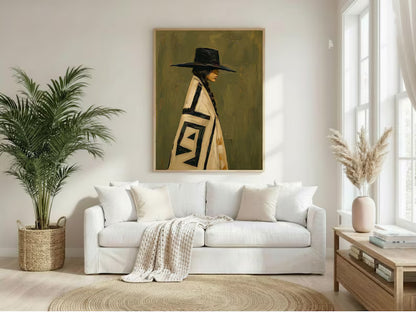 Cuadro Decorativo Figura con Poncho Verde Sombrero Arte Naif
