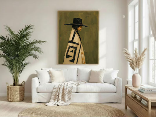 Cuadro Decorativo Figura con Poncho Verde Sombrero Arte Naif