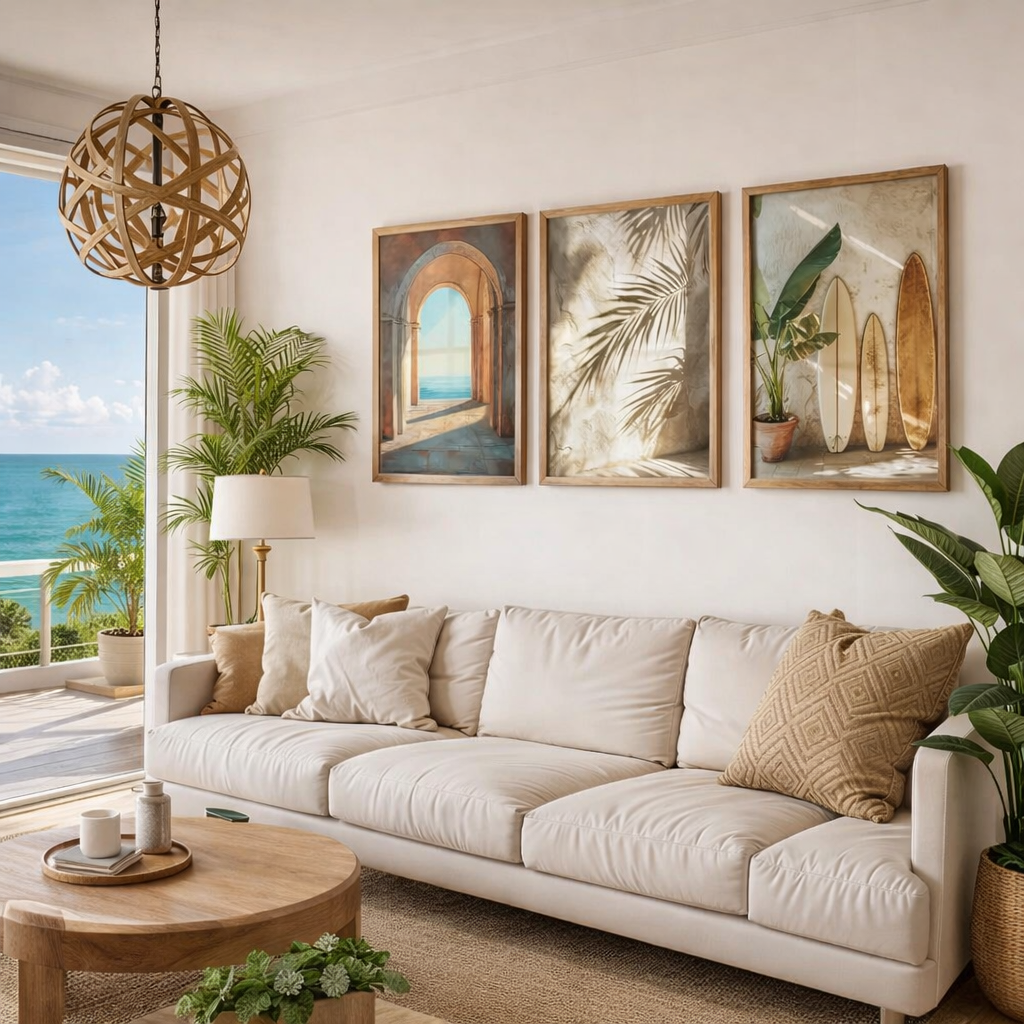 Set x3 Cuadros Decorativos  Surf, Playa, Tabla, Olas y Arena XV Marco Natural