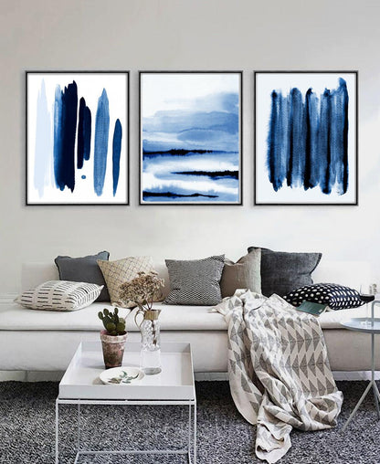Set x3 Cuadros Decorativos Abstracto, Rayas azules