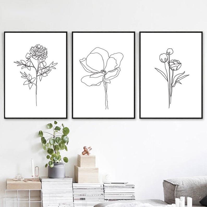 Set x3 Cuadros Decorativos Botánico , Flores dibujadas , Blanco y Negro