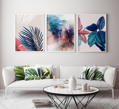 Set x3 Cuadros Decorativos Botánico , Azules y Rojizos