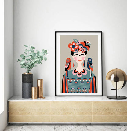 Cuadro Decorativo Frida , Rojo y Azul