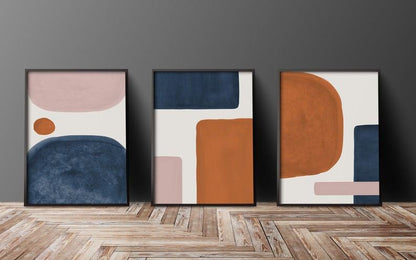 Set x3 Cuadros Decorativos Abstracto, Azul y Naranja