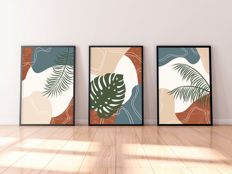 Set x3 Cuadros Decorativos Botánico , Plantas Verdes , Formas circulares