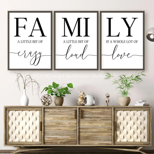 Set x3 Cuadros Family, Familia, Frases - Tree House Deco
