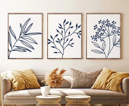 Set x3 Cuadros Flores, Acuarelas, Azul