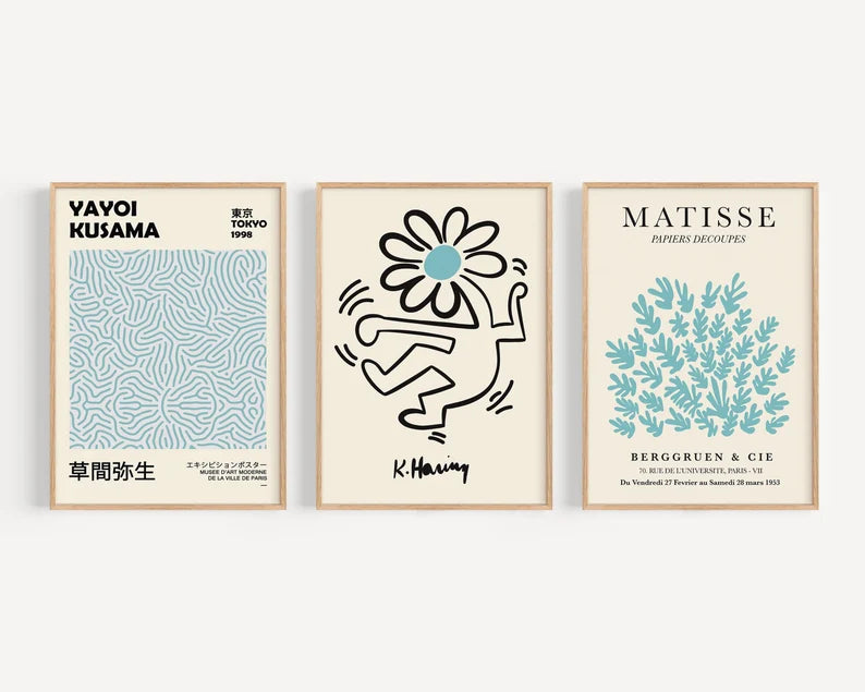 Set x3 Cuadros Abstractos, Matisse, Yayoi Kusama, Celeste, Azul