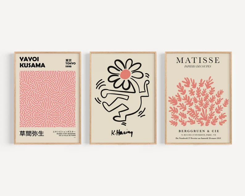 Set x3 Cuadros Abstractos, Matisse, Yayoi Kusama, Rosa, Rosado - Tree House Deco