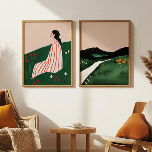 Set x2 Cuadros Abstractos, Ilustraciones Modernas Marco Natural