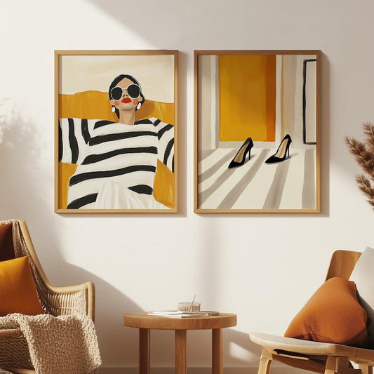 Set x2 Cuadros Abstractos, Ilustraciones Modernas Mujer Tacones Amarillo Marco Natural