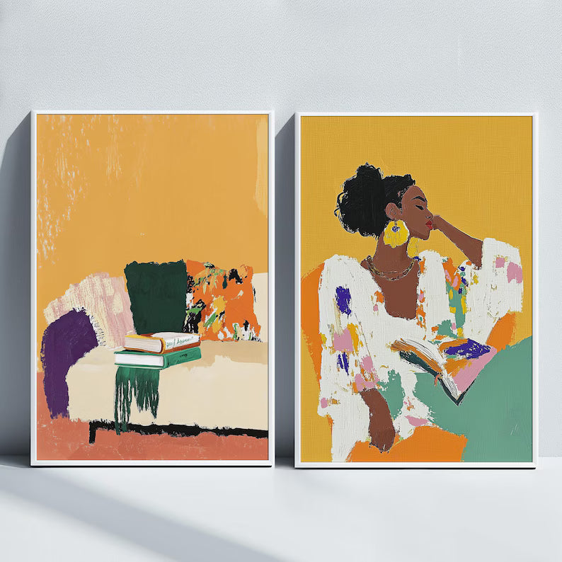 Set x2 Cuadros Abstractos, Ilustraciones Modernas Mujer, Sillón