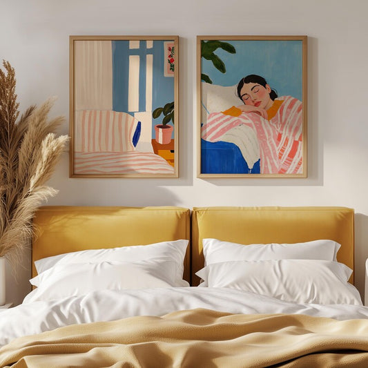 Set x2 Cuadros Abstractos, Ilustraciones Modernas Mujer Dormida Marco Natural