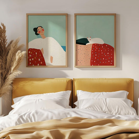 Set x2 Cuadros Abstractos, Ilustraciones Modernas Mujer, Gato Marco Natural