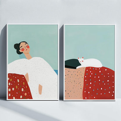 Set x2 Cuadros Abstractos, Ilustraciones Modernas Mujer, Gato