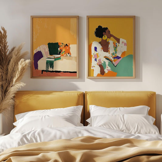 Set x2 Cuadros Abstractos, Ilustraciones Modernas Mujer, Sillón Marco Natural