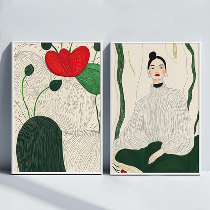 Set x2 Cuadros Abstractos, Ilustraciones Modernas Mujer Flor Roja