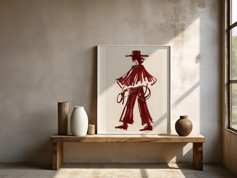 Cuadro Decorativo Abstractos, Ilustraciones Modernas Mujer Vaquera Marco Natural