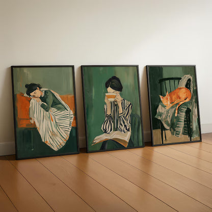 Set x3 Cuadros Abstractos Verde esmeralda Ilustración