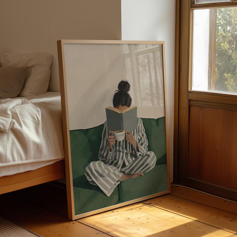 Cuadro Decorativo Abstractos, Ilustraciones Modernas Mujer Lectora Marco Natural